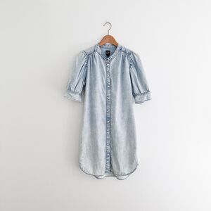 Gap Puff Sleeve Denim Dress | Light Wash Chambray Button Front Midi Dress